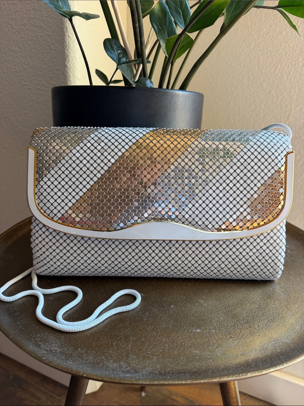 VTG Whiting & Davis Metallic Striped Mesh Clutch Crossbody Bag - MINT